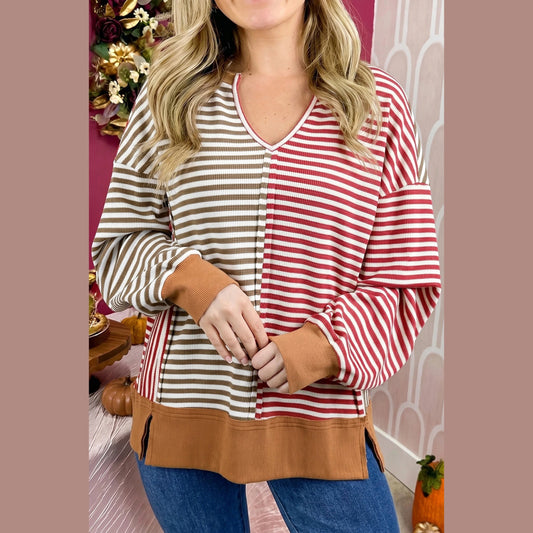 RTS Red Striped Colorblock V Neck Long Sleeve Top