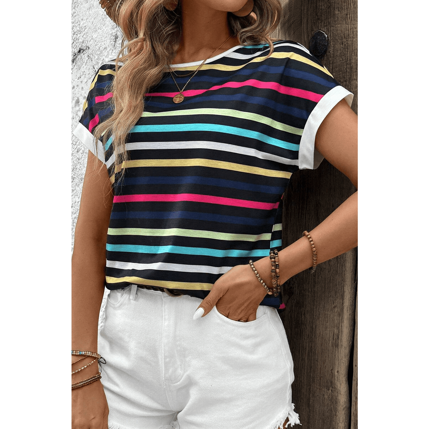 RTS Black Multicolor Contrast Edge Crew Neck T Shirt