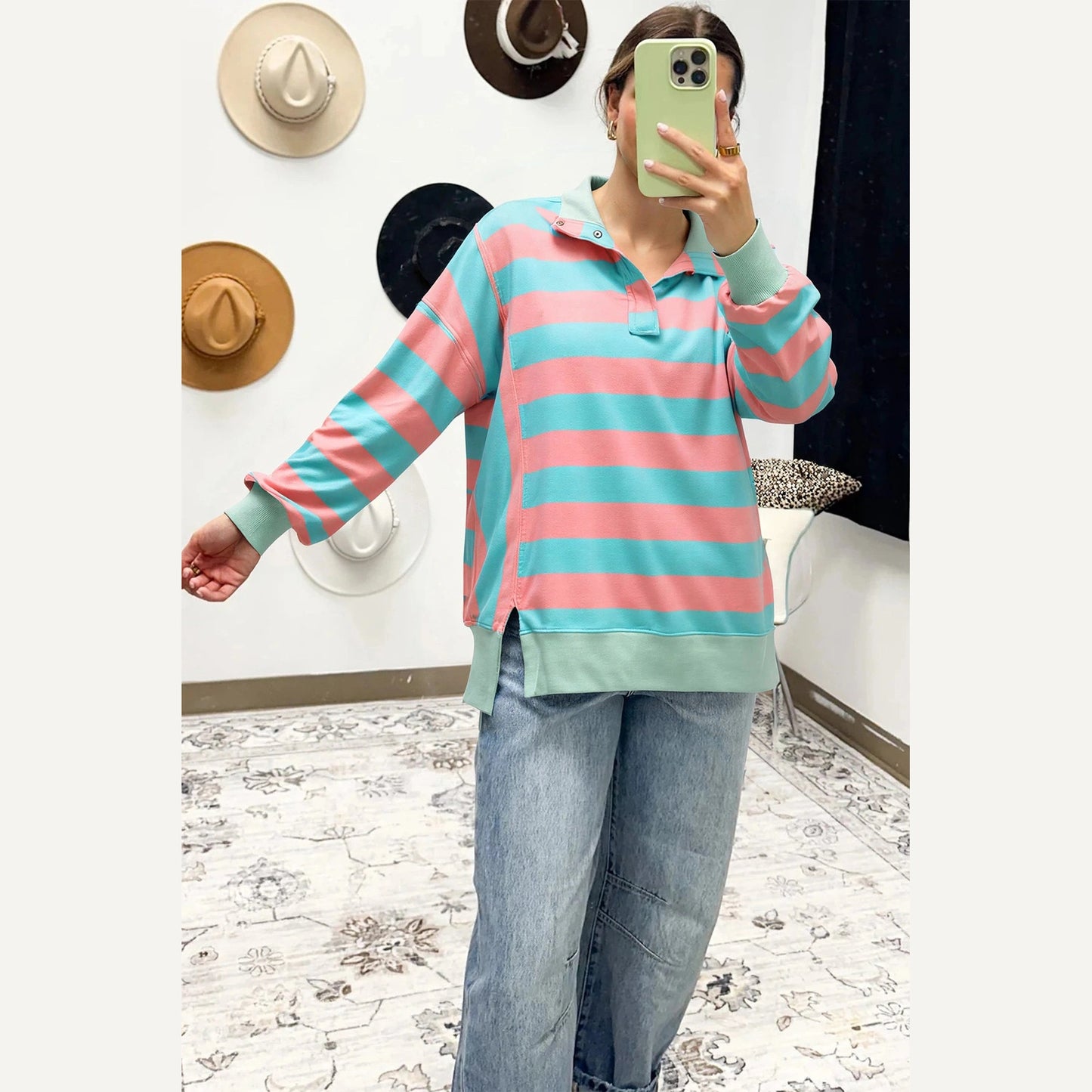 RTS Pink Stripe Colorblock Drop Shoulder Buttoned Collar Side Slit Pullover Top