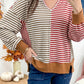 RTS Red Striped Colorblock V Neck Long Sleeve Top