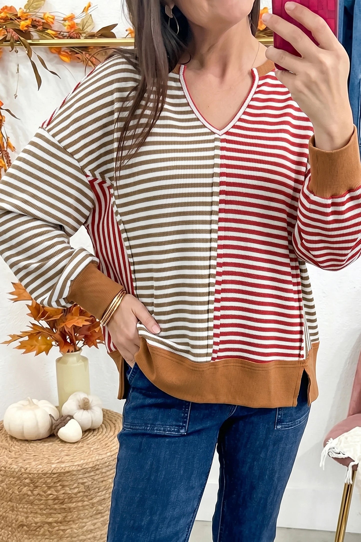 RTS Red Striped Colorblock V Neck Long Sleeve Top