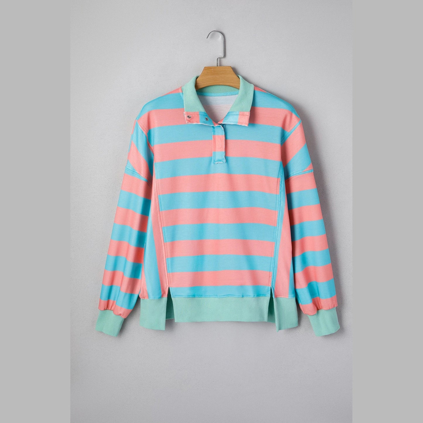 RTS Pink Stripe Colorblock Drop Shoulder Buttoned Collar Side Slit Pullover Top