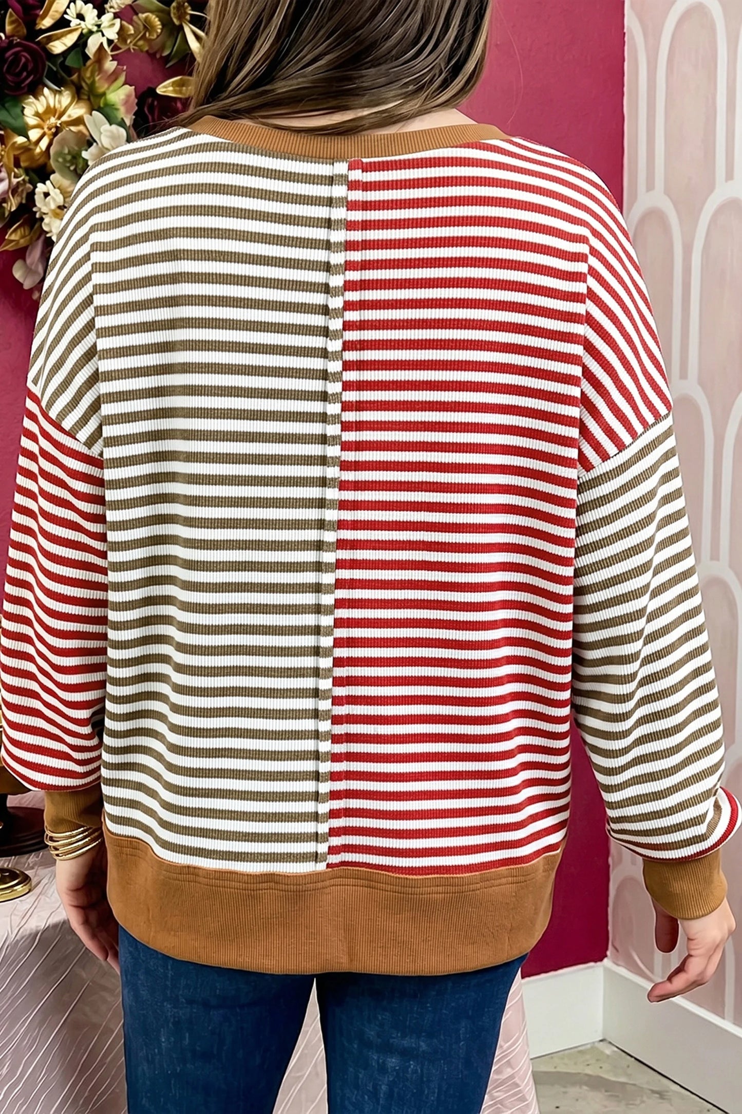 RTS Red Striped Colorblock V Neck Long Sleeve Top
