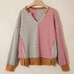 RTS Red Striped Colorblock V Neck Long Sleeve Top