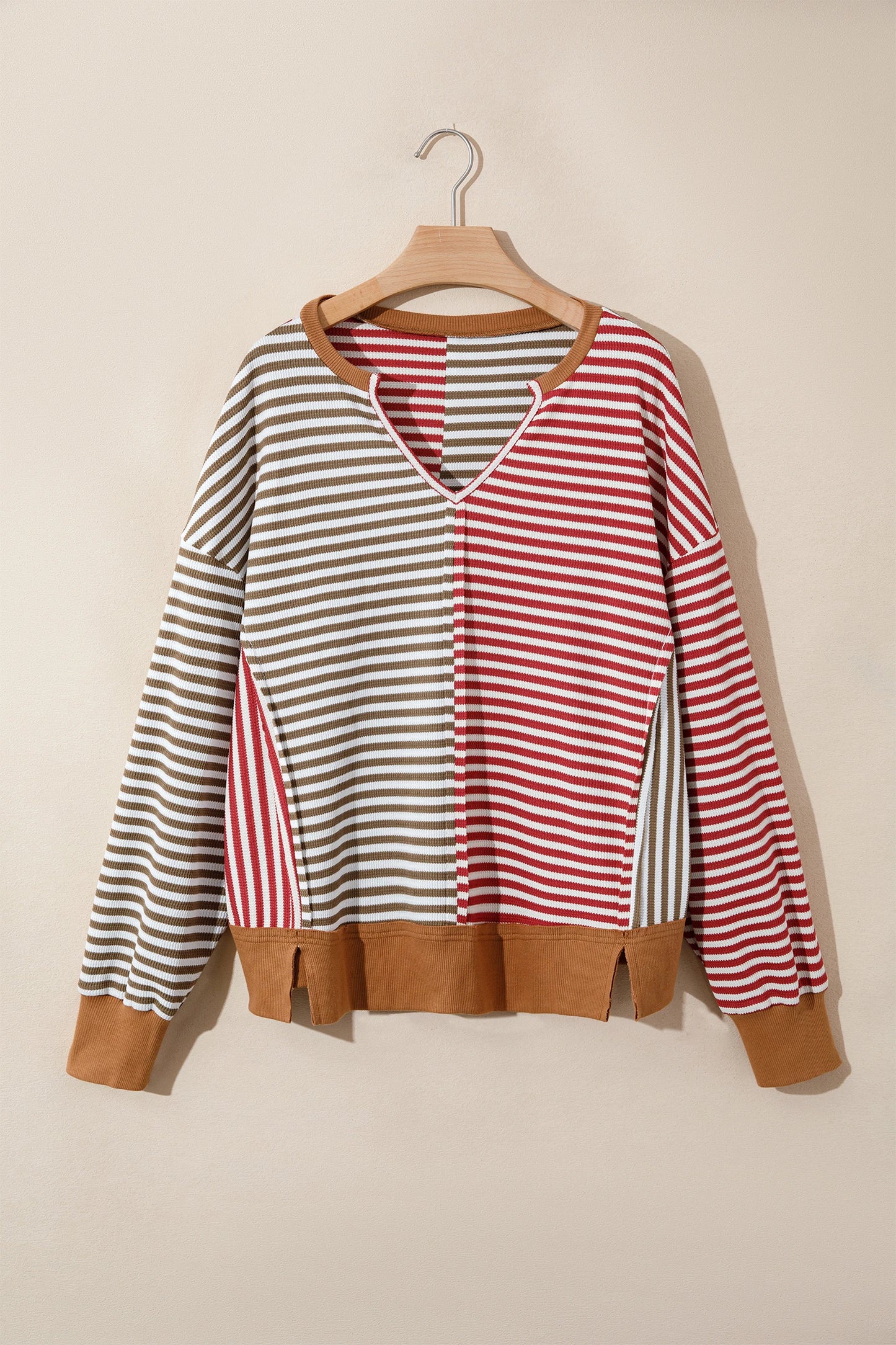 RTS Red Striped Colorblock V Neck Long Sleeve Top
