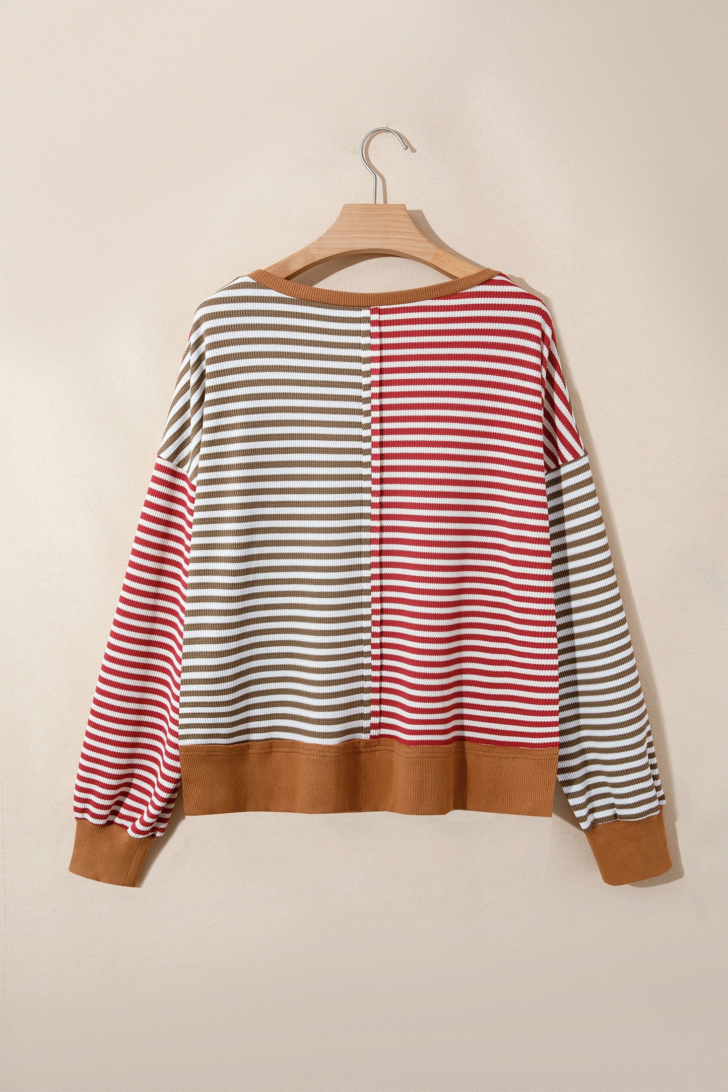 RTS Red Striped Colorblock V Neck Long Sleeve Top