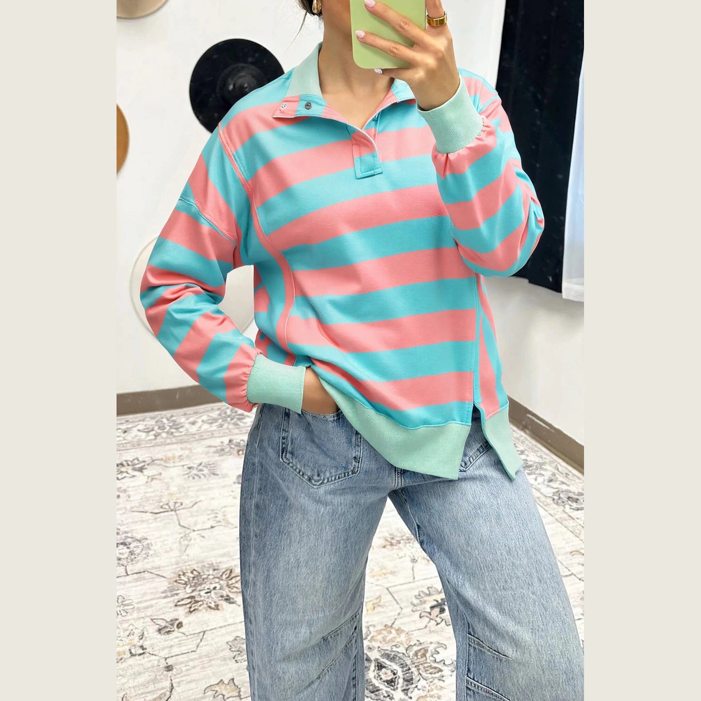 RTS Pink Stripe Colorblock Drop Shoulder Buttoned Collar Side Slit Pullover Top