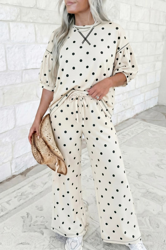 Sue Off White Polka Dot Half Sleeve Loose Top Elastic Waist Casual Pants Set