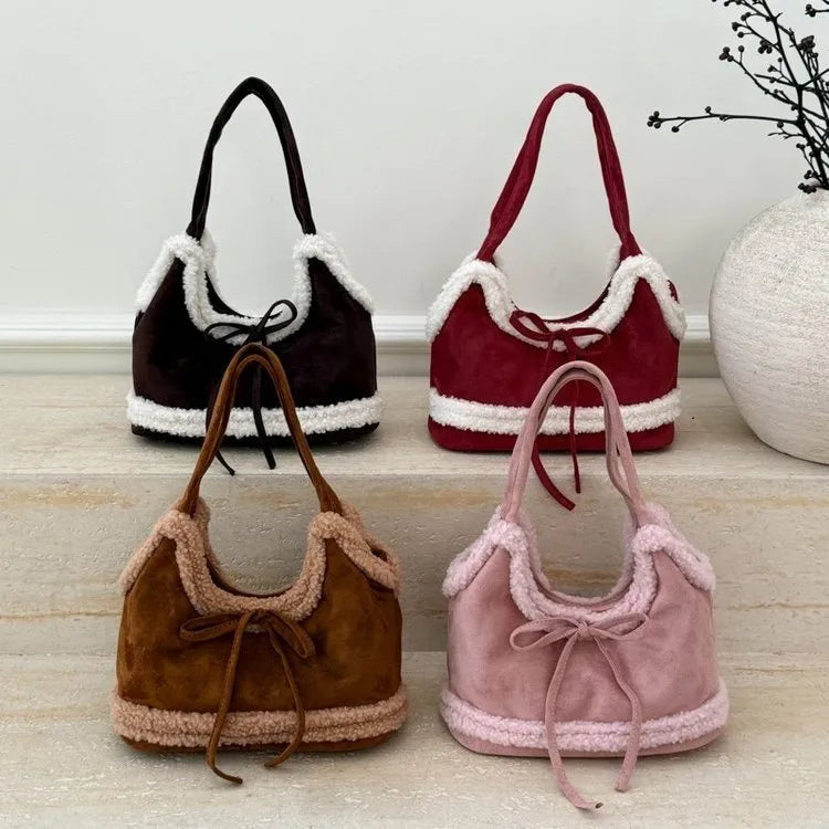 Faux Shearling Shoulder Bag with Bow Detail - 4 Colors