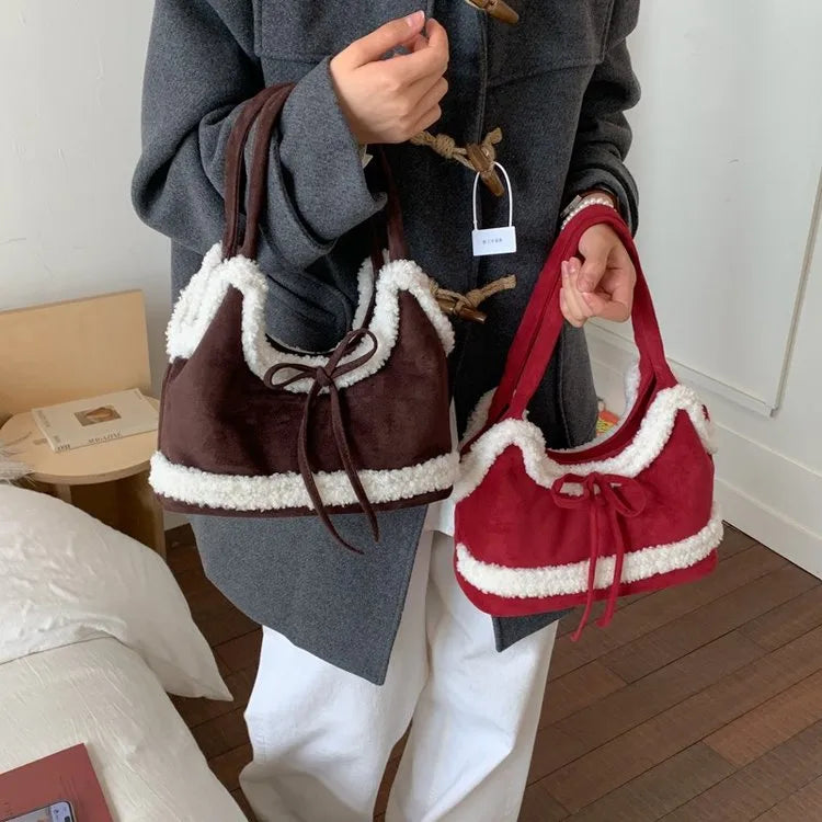 Faux Shearling Shoulder Bag with Bow Detail - 4 Colors