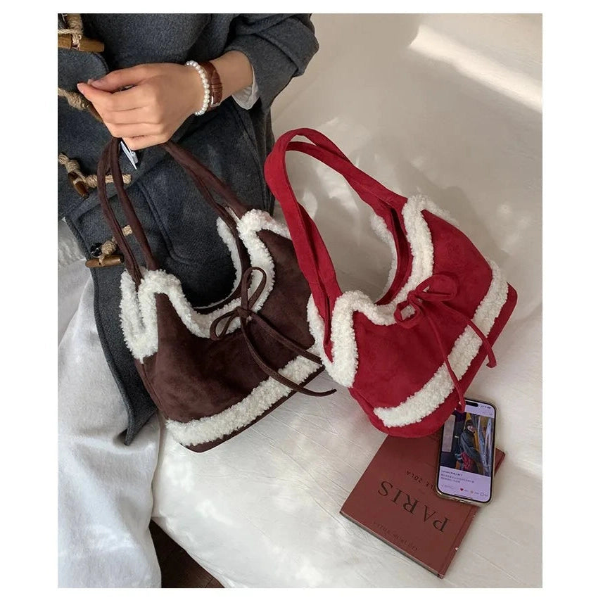Faux Shearling Shoulder Bag with Bow Detail - 4 Colors