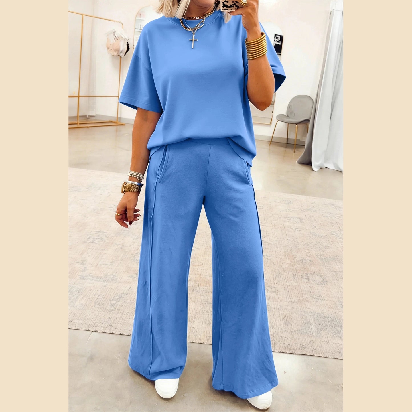 Susan Blue Oversize Tee Pocketed Casual Pants 2pcs Outfit