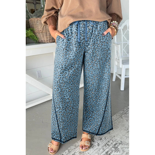 Susina Blue Leopard Print Exposed Seam Detail Wide Leg Drawstring Jeans