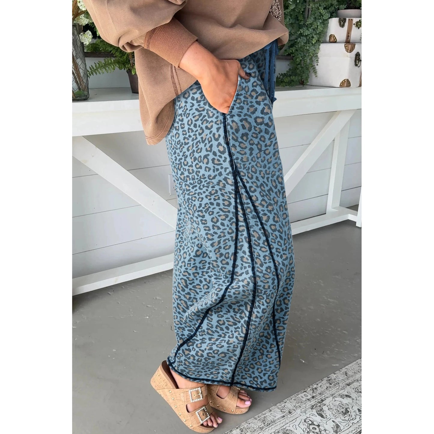 Susina Blue Leopard Print Exposed Seam Detail Wide Leg Drawstring Jeans