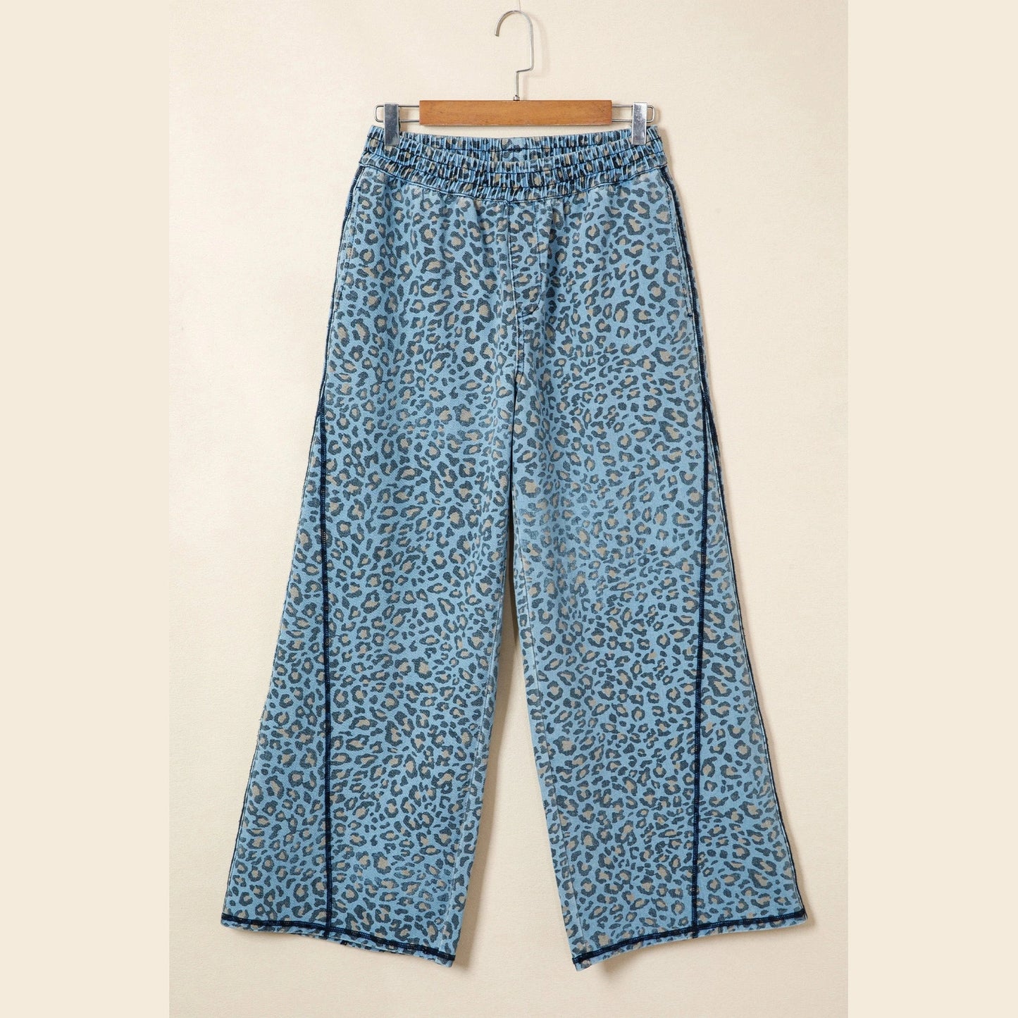 Susina Blue Leopard Print Exposed Seam Detail Wide Leg Drawstring Jeans