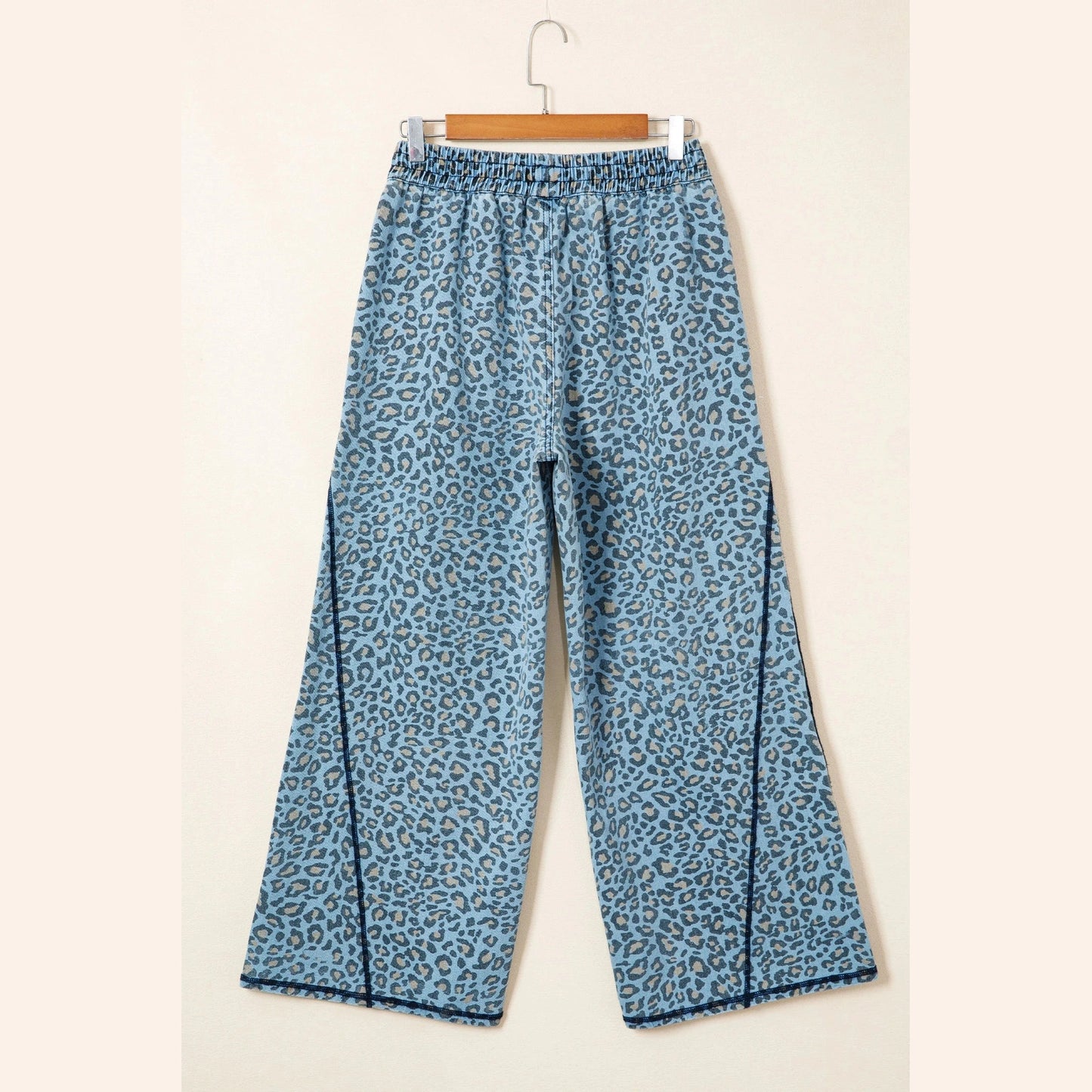 Susina Blue Leopard Print Exposed Seam Detail Wide Leg Drawstring Jeans