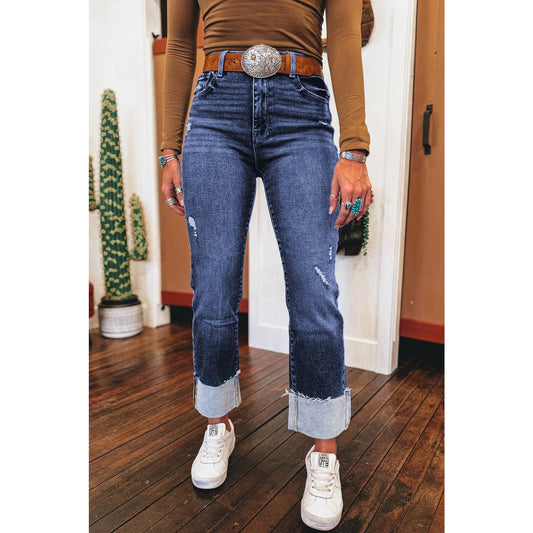 Suzan Folded Cuffs Distressed Straight High Waist Jeans