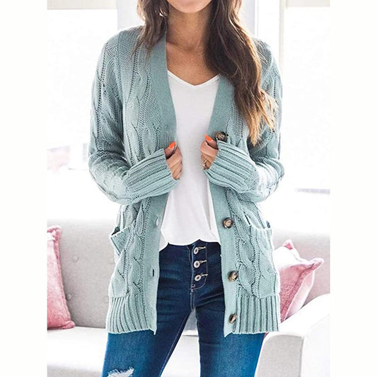 Suzu Light Green Button Front Cable Knit Cardigan