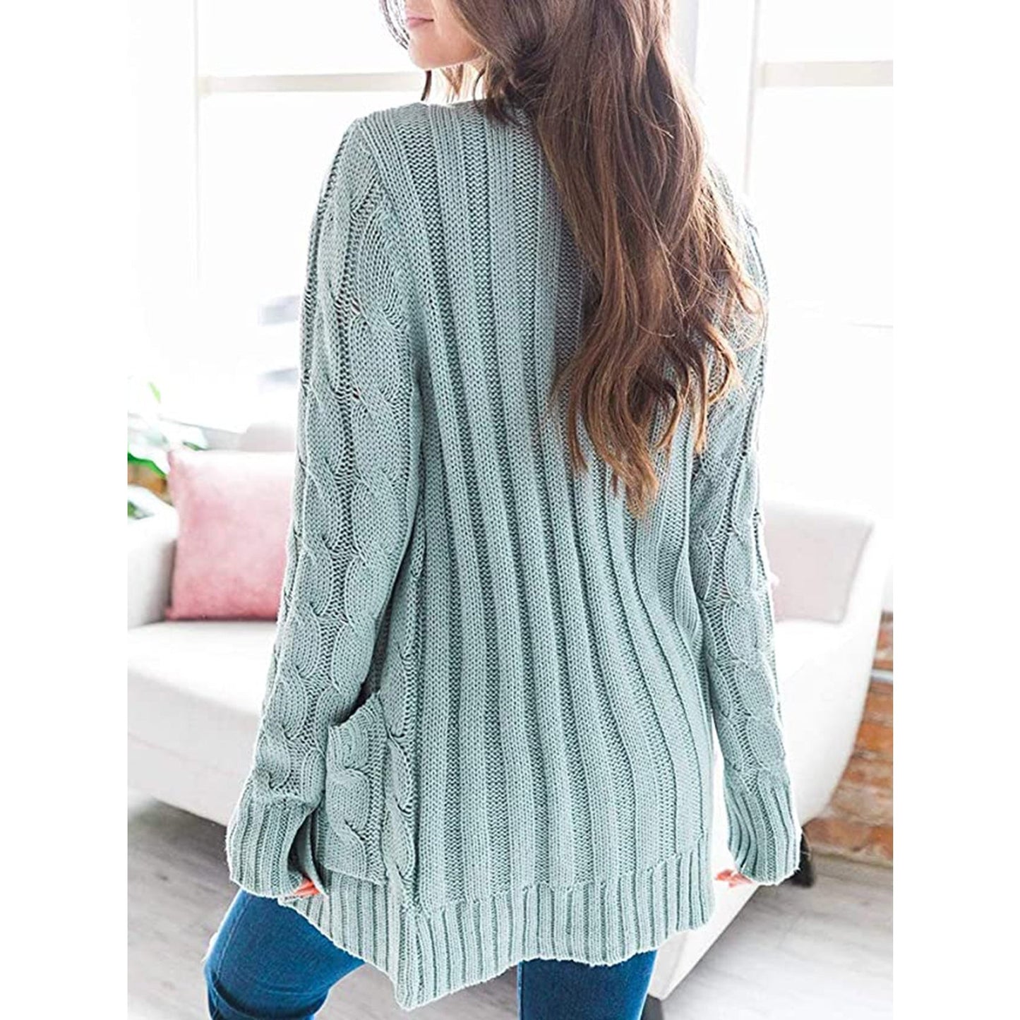 Suzu Light Green Button Front Cable Knit Cardigan