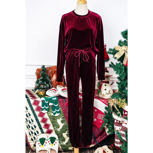 Suzzet Fiery Red Solid Velvet Two Piece Lounge Set