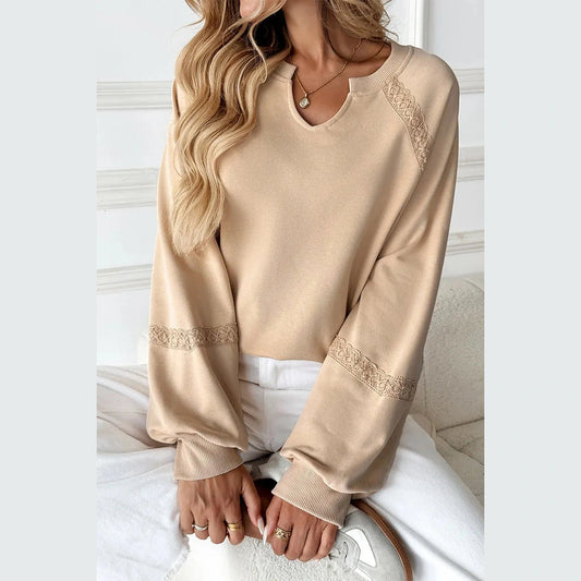 Maybelle Apricot Open V Neck Lace Decor Top