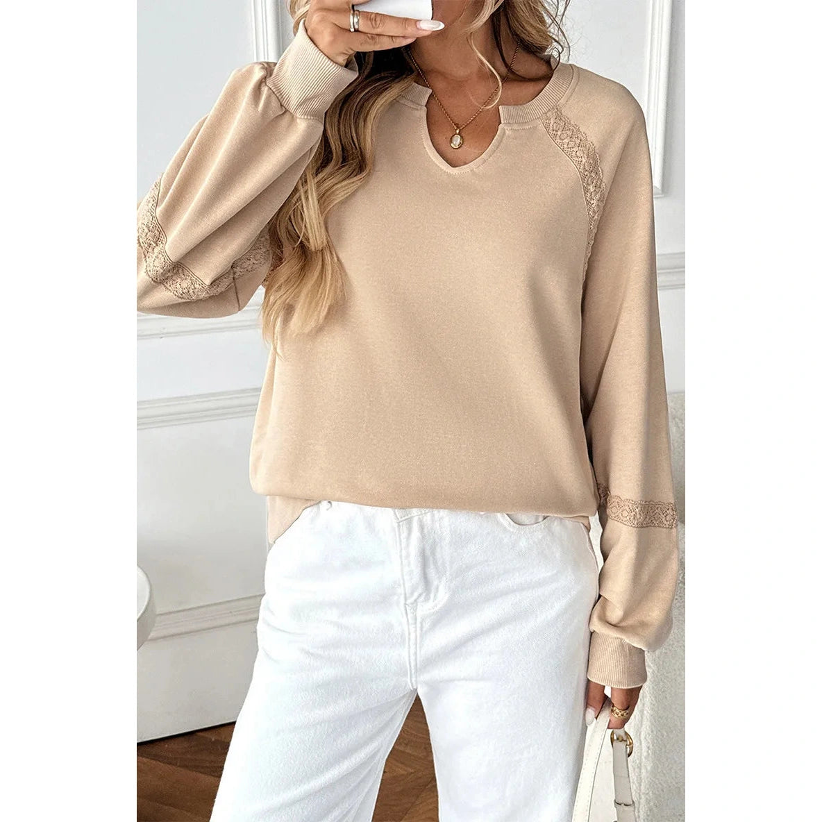 Maybelle Apricot Open V Neck Lace Decor Top