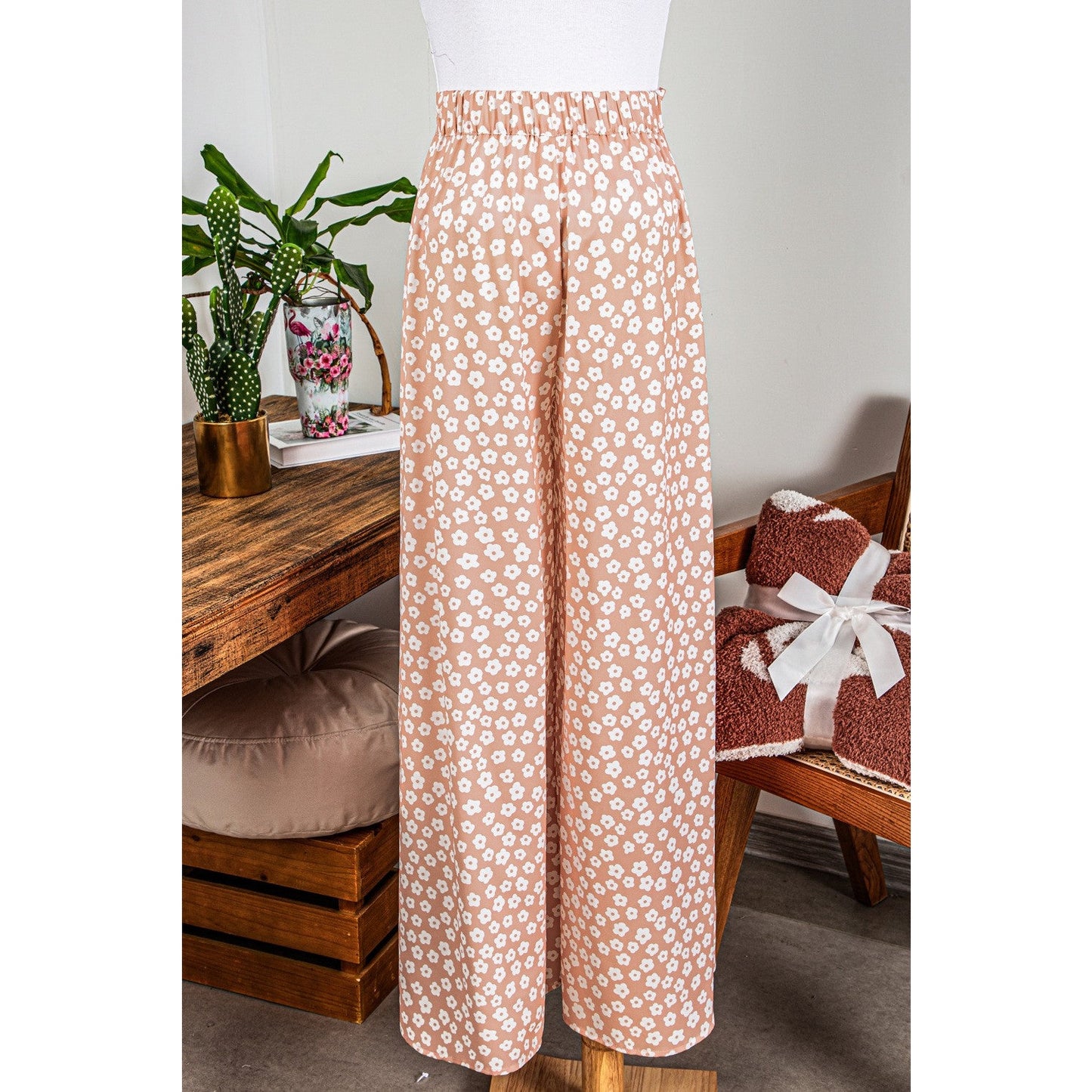 Sybil Khaki Boho Floral High Waist Flare Pants