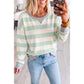Sydnee Green Stripe Ribbed Color Block Patchwork Unique Neckline Long Sleeve Top
