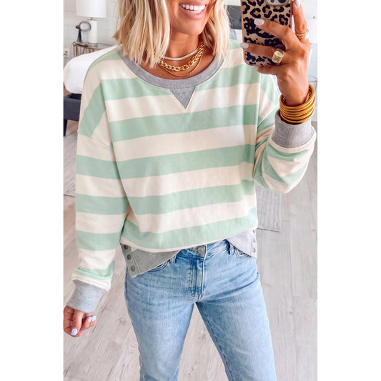 Sydnee Green Stripe Ribbed Color Block Patchwork Unique Neckline Long Sleeve Top