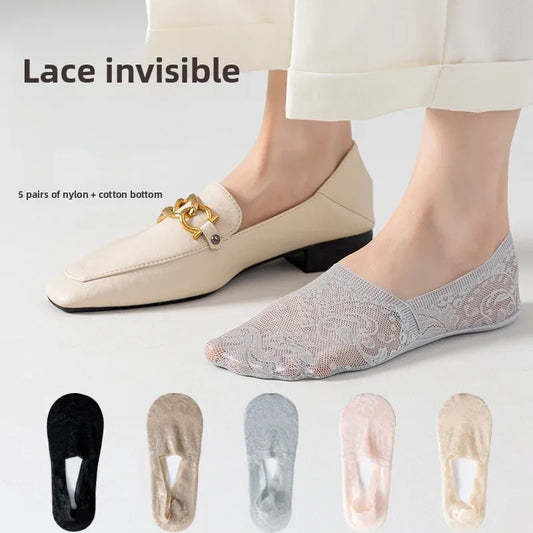 5 Pair Sylvie No-Slip Floral Lace Sneaker Socks