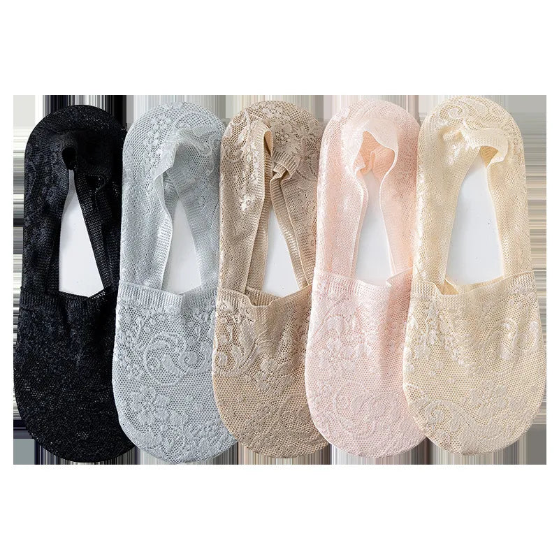 5 Pair Sylvie No-Slip Floral Lace Sneaker Socks