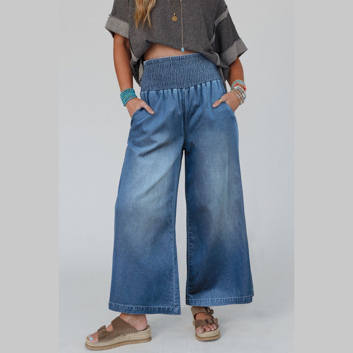 Symone Smocked Waist Wide Leg Jeans