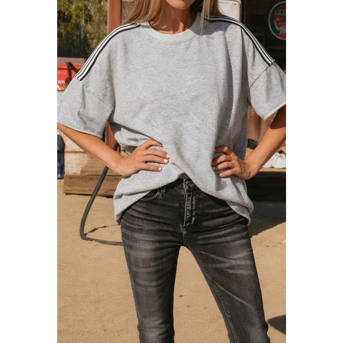 Tabby Light Grey Patchwork Detail Raw Edge Oversize Tee
