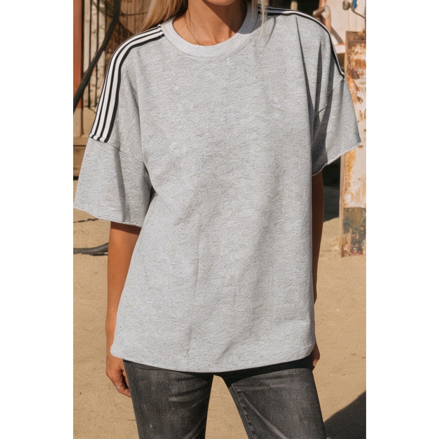 Tabby Light Grey Patchwork Detail Raw Edge Oversize Tee