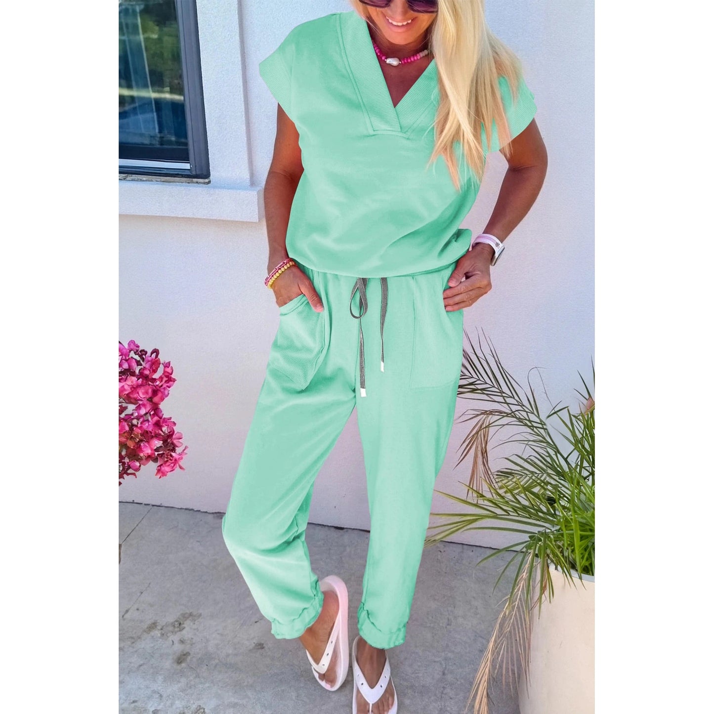 Taryn Mint Green V Neck Tee Drawstring Pant Set