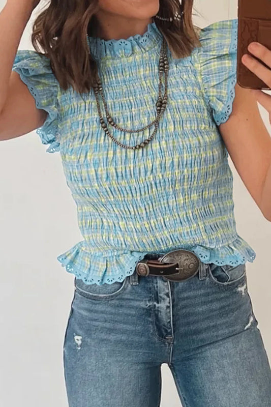 Theresa Gingham Smoked Lace Trim Tank Top