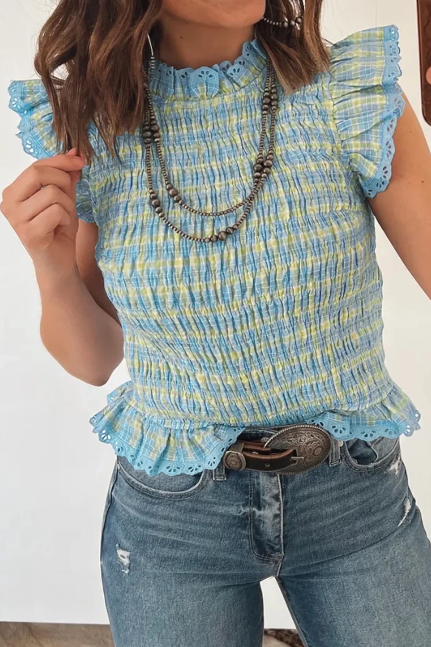 Theresa Gingham Smoked Lace Trim Tank Top