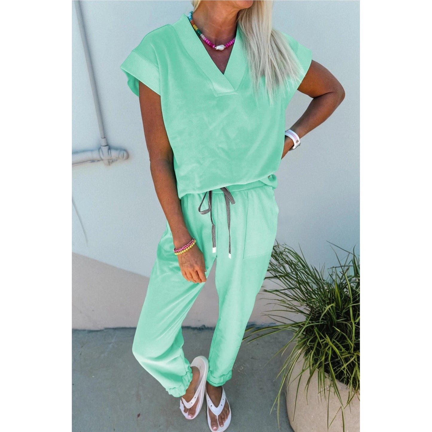 Taryn Mint Green V Neck Tee Drawstring Pant Set