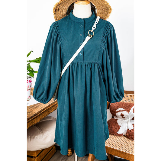 REDUCED!!!  Tabatha Blue Corduroy Snap Buttons Empire Waist Bracelet Sleeve Dress  REDUCED!!!