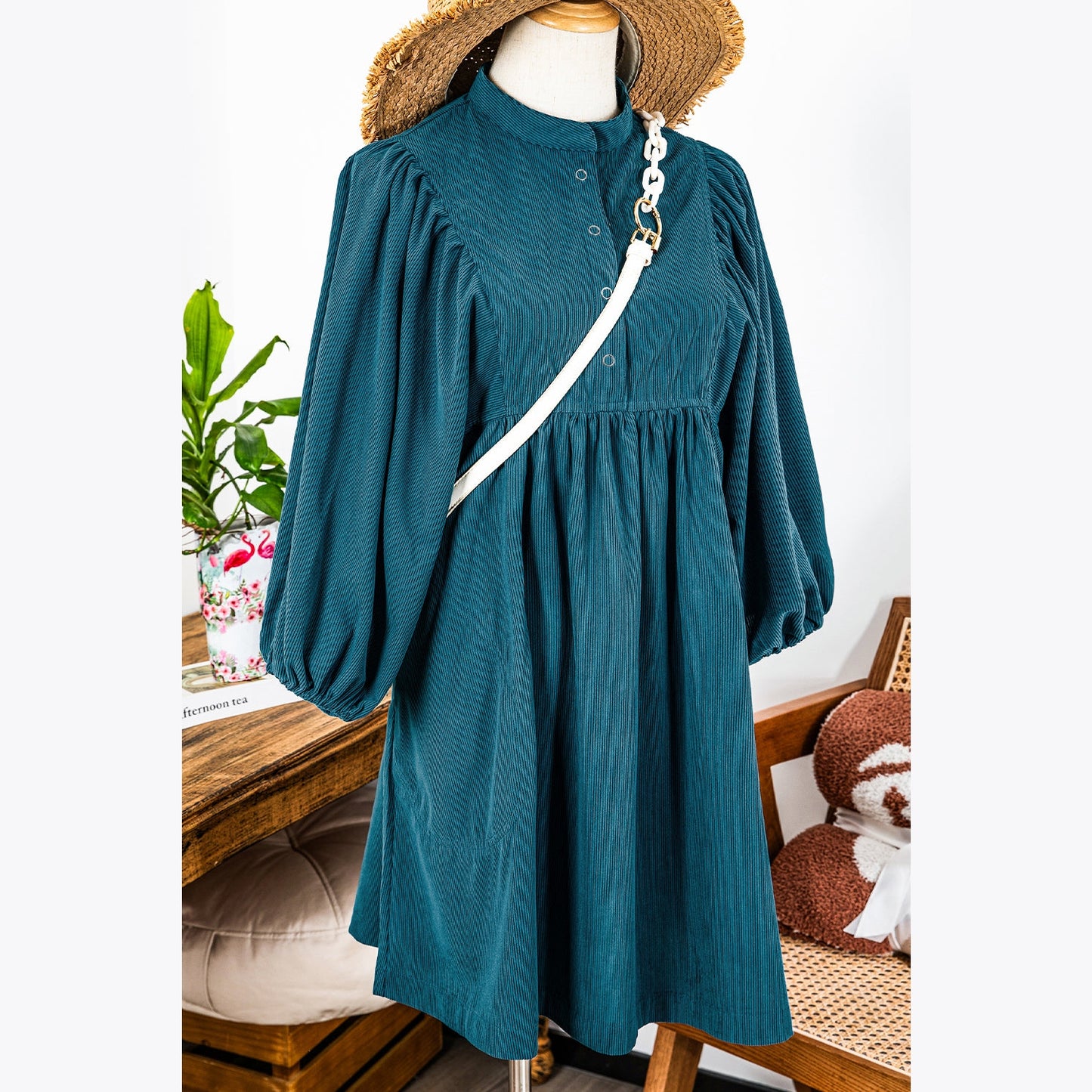 REDUCED!!!  Tabatha Blue Corduroy Snap Buttons Empire Waist Bracelet Sleeve Dress  REDUCED!!!