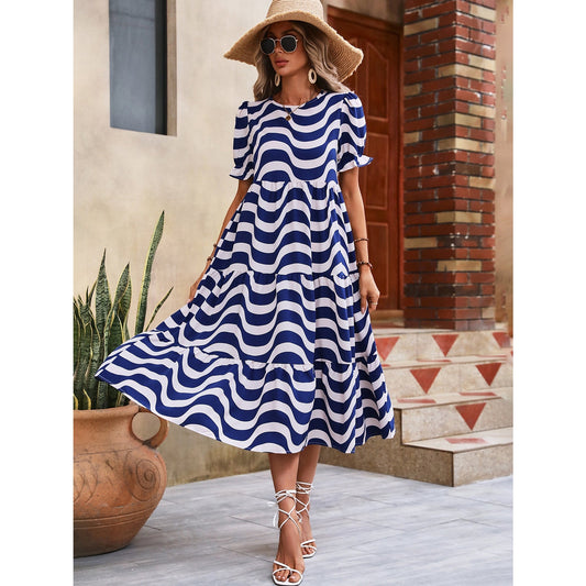 Tabi Blue Puff Sleeve Tiered Loose Maxi Dress