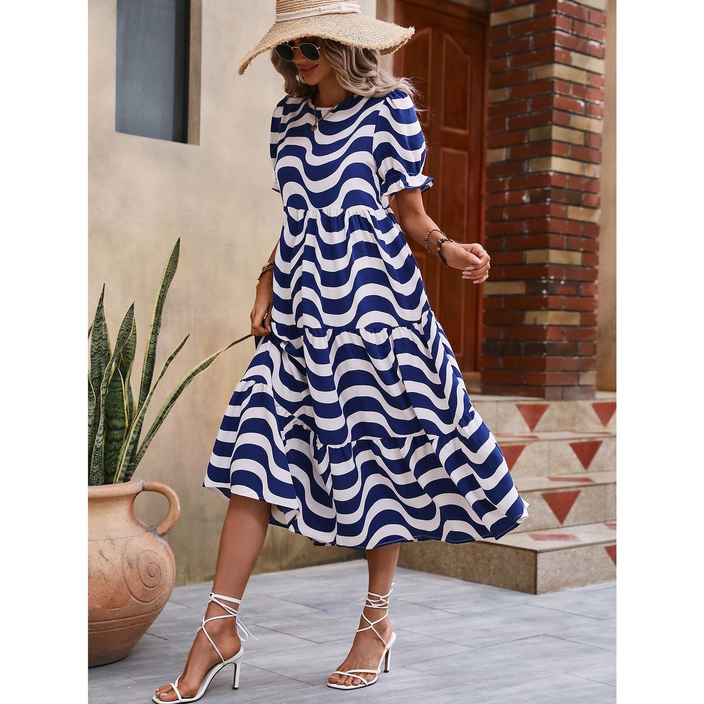 Tabi Blue Puff Sleeve Tiered Loose Maxi Dress