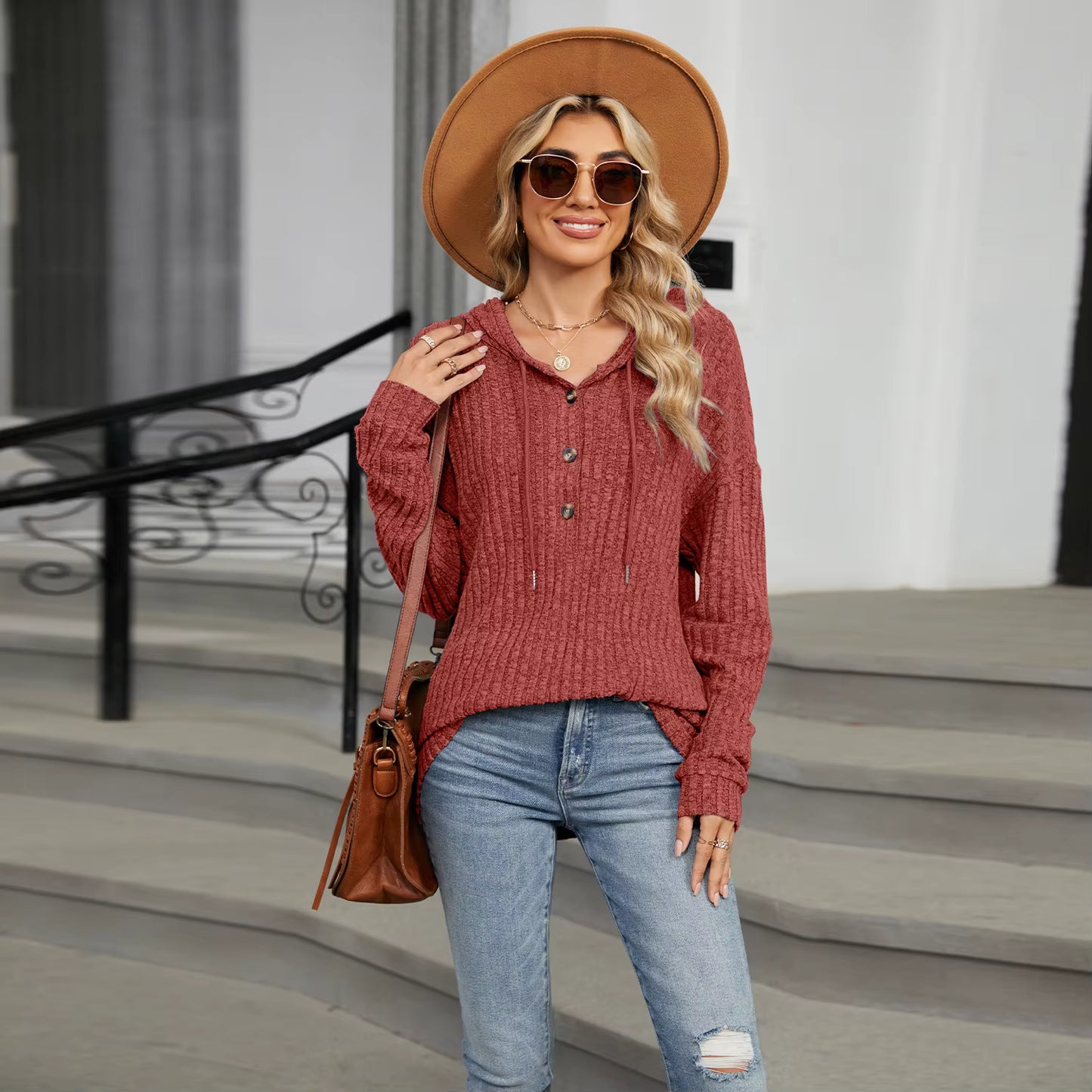 Tahlia Rust Half Button Drawstring Hooded Top