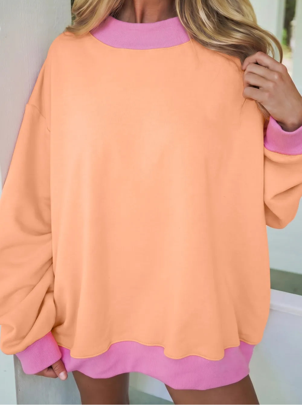 Tailor Grapefruit Orange Colorblock Trim Crewneck Long Sleeve Pullover Sweatshirt