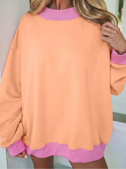 Tailor Grapefruit Orange Colorblock Trim Crewneck Long Sleeve Pullover Sweatshirt