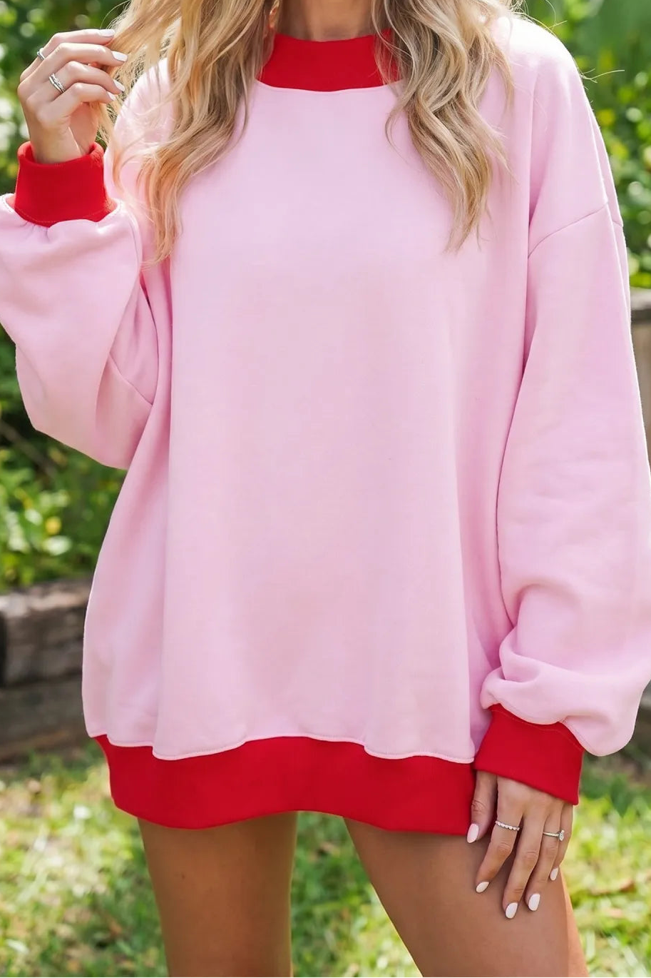 Tailor Pink Colorblock Trim Crewneck Long Sleeve Pullover Sweatshirt