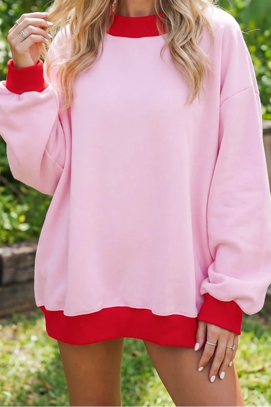 Tailor Pink Colorblock Trim Crewneck Long Sleeve Pullover Sweatshirt