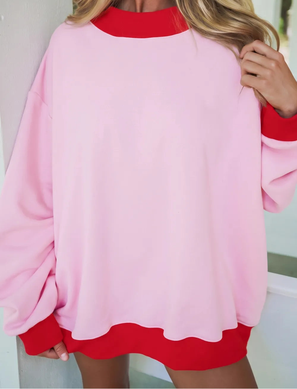 Tailor Pink Colorblock Trim Crewneck Long Sleeve Pullover Sweatshirt