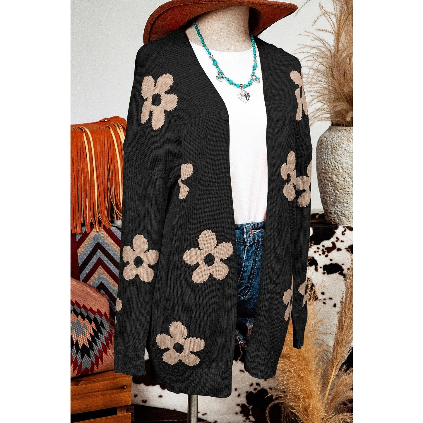 Tali Black Floral Print Knitted Open Front Loose Cardigan