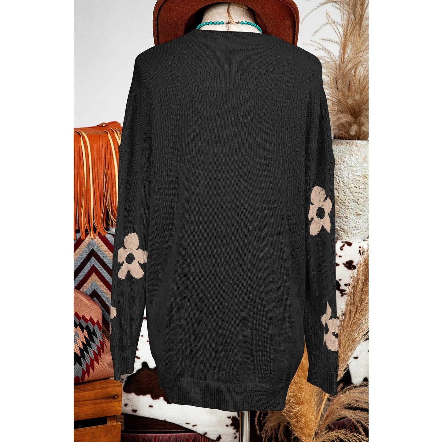 Tali Black Floral Print Knitted Open Front Loose Cardigan